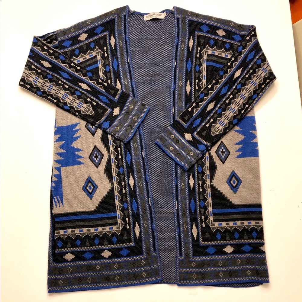 Blue, black, and gray, Aztec-inspired, sweater.